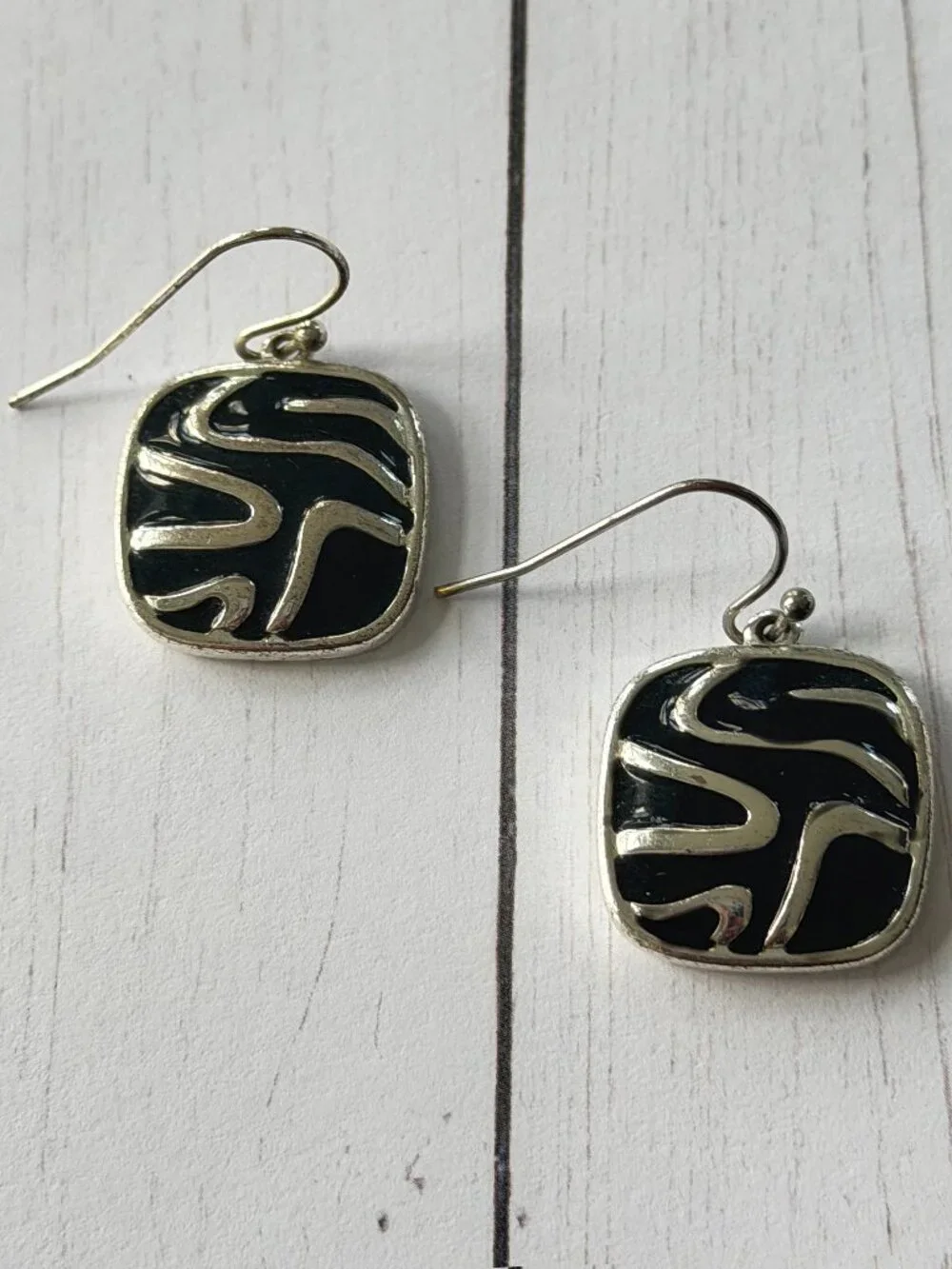 Modern Black Enamel Wave Square Drop Earrings